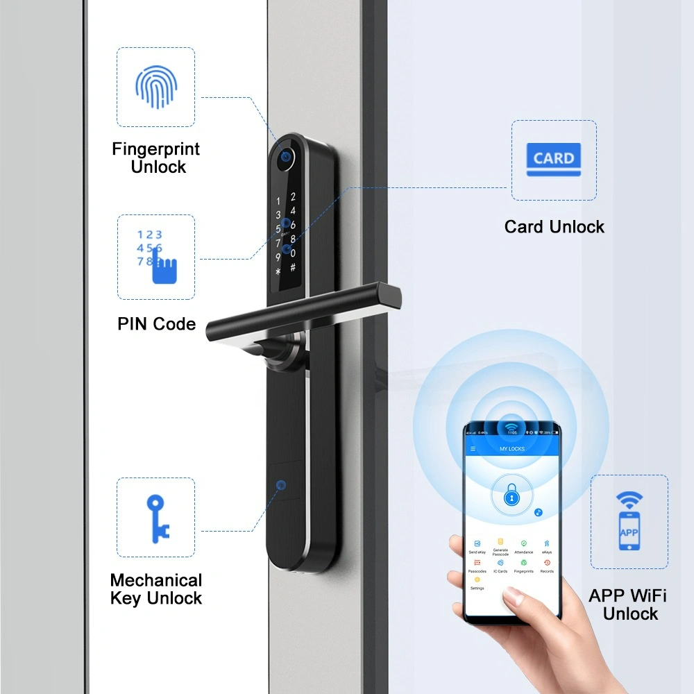 Incuietoare smart pentru usi termopan PVC deschidere cu amprenta, cod, card, telefon, Wi-Fi, Bluetooth, negru [6]