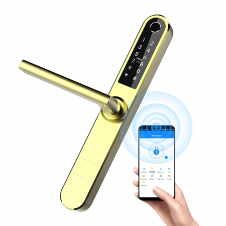 Incuietoare smart pentru usi termopan PVC deschidere cu amprenta, cod, card, telefon, Wi-Fi, Bluetooth, auriu
