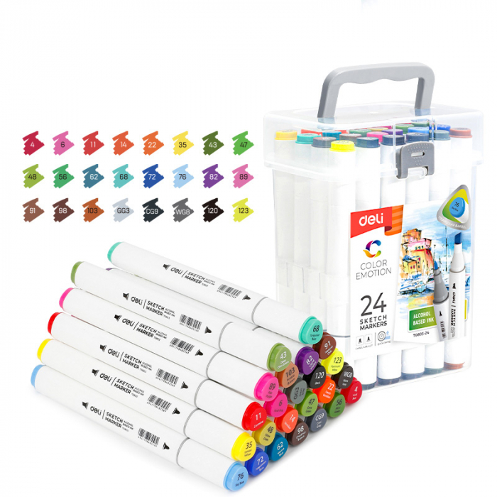 Set 24 Markere Sketching Varf Dublu Rotund 1Mm/Tesit 7Mm Cut Plastic Color Emotion Deli [1]