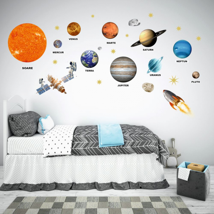 Stickere decorative perete din autocolant textil repozitionabil Sistemul Solar, spatiu, planete, astronaut [1]