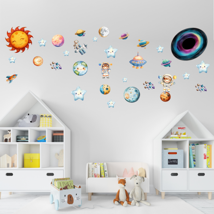 Stickere decorative perete din autocolant textil repozitionabil – Spatiu, Planete, Univers, Astronaut, Stele [1]