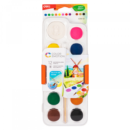 Pensule, Acuarele, Tempera, Guase - Acuarele 12 Culori 28Mm + Pensula Deli
