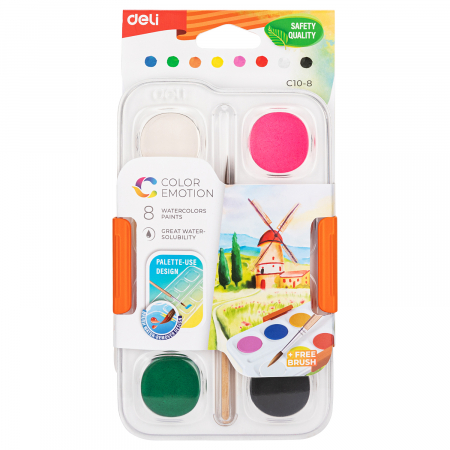 Pensule, Acuarele, Tempera, Guase - Acuarele 8 Culori 28Mm+ Pensula Deli