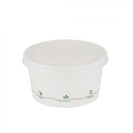 Articole catering și ambalare alimente - Boluri biodegradabile universale, Ø 115 mm, carton cu captuseala PLA, pt. 300 ml (450ml total), albe, imprimate cu sigle eco, set 25 buc