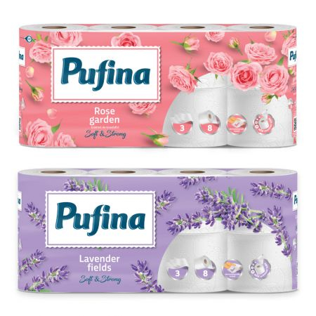 Black Friday - Hartie igienica parfumata PUFINA, 3 straturi, 8 role/set