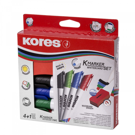 Markere pentru tabla - Marker Whiteboard 4/Set 3Mm + Burete Magnetic Kores