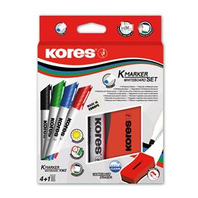 Markere pentru tabla - Marker Whiteboard 4/set 3mm cu Burete Margnetic Kores
