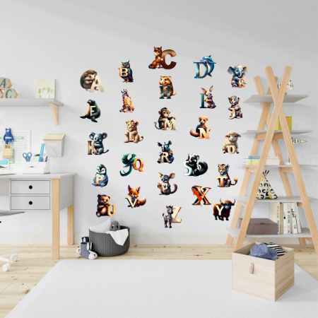 Stickere educative / tematice - Stickere decorative perete din autocolant textil repozitionabil Alfabetul cu animale