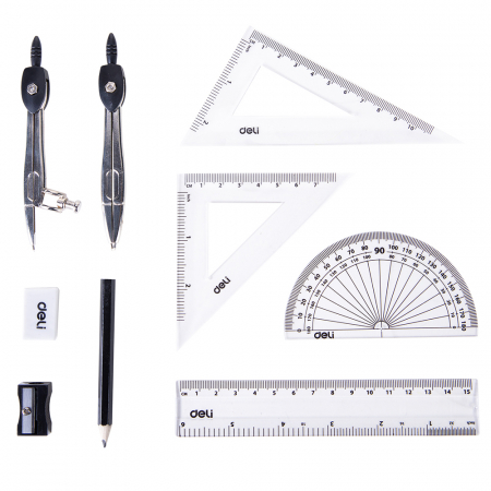 Seturi geometrie - Trusa Geometrie 9 Piese Cutie Metalica Deli