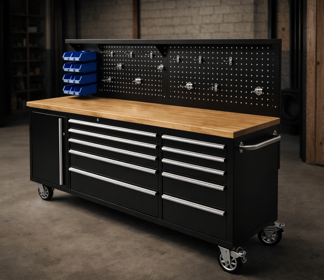 HILMANN-Banc de lucru profesional cu blat de lemn si panou pentru scule, dimensiuni 230 x 51 x 148,5 cm Hilmann