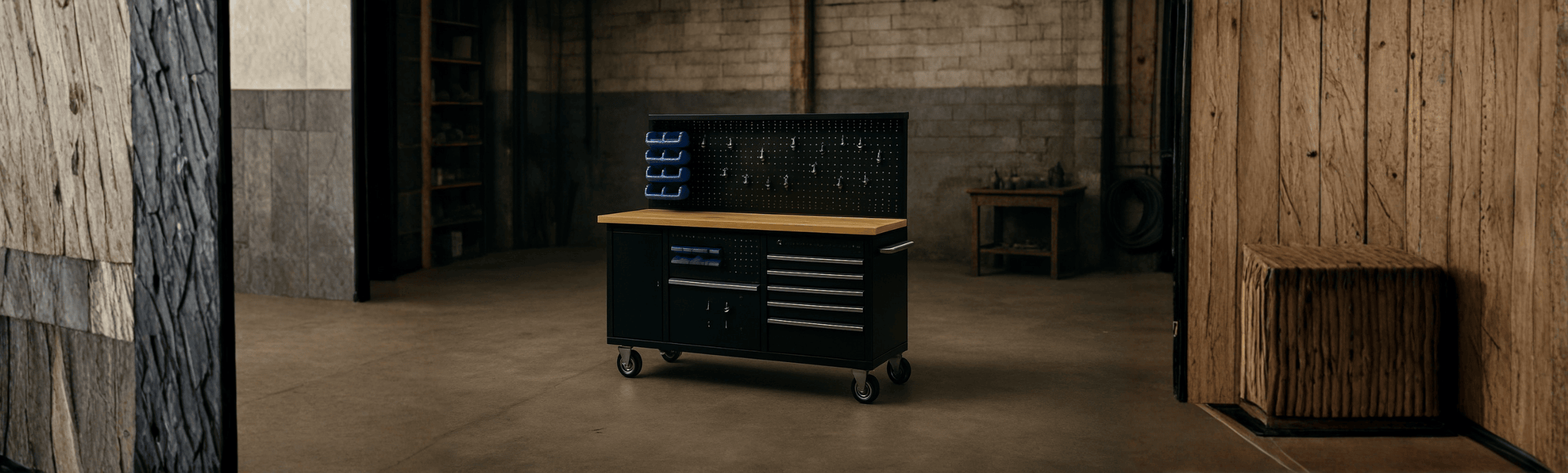 HILMANN-Banc de lucru profesional cu blat de lemn si panou pentru scule, dimensiuni 230 x 51 x 148,5 cm Hilmann