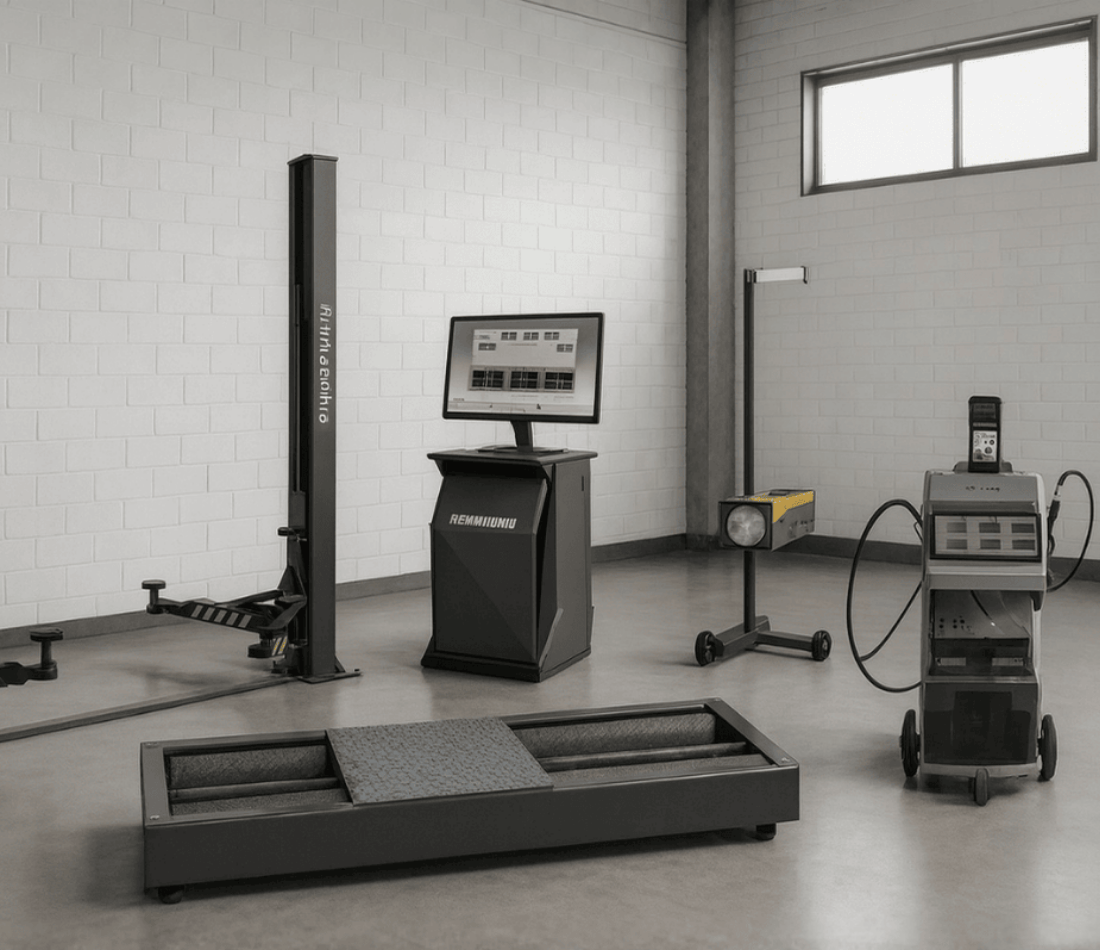 REIHMANN-Statie de inspectie pentru autoturisme Pachet 2 - BASIC, stand frana+aparat reglat faruri+analizor/opacimetru+exhaustor+elevator 2 coloane