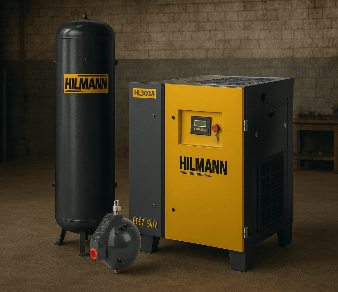Hilmann-Pachet compresor de aer cu surub 7.5kw - 10 bar, butelie de aer 500 L si valva automata eliminare condens