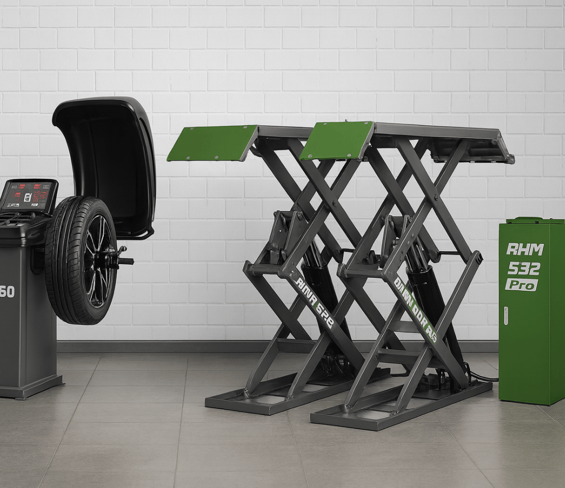 REIHMANN-Elevator auto dublu foarfeca, rampa de preluare foarte joasa, 4 cilindri, deblocare automata, sarcina maxima 3200 kg si inaltimea maxima de ridicare 1945 mm, RHM S32