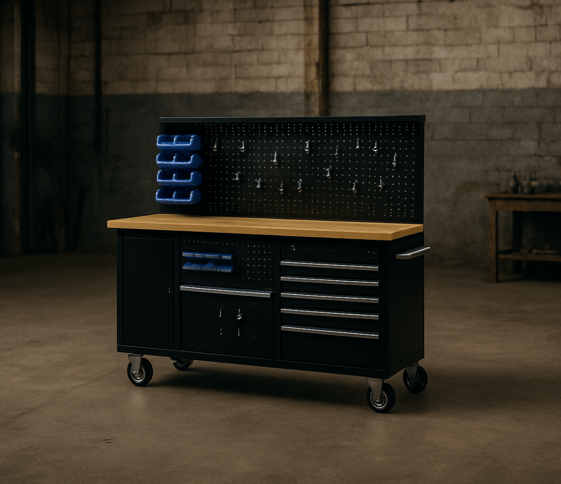 HILMANN-Banc de lucru profesional cu blat de lemn si panou pentru scule, dimensiuni 230 x 51 x 148,5 cm Hilmann