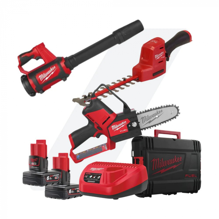 Explorând Eficiența și Puterea: Pachetul Pachet Fierăstrău cu lanț M12 FUEL™ HATCHET™ + Trimmer gard viu 20cm M12 + Suflantă M12 de la Milwaukee