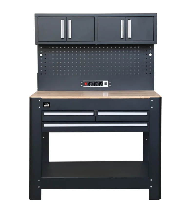 Banc de lucru cu 3 sertare, panou spate si priza integrata - HBM [3]