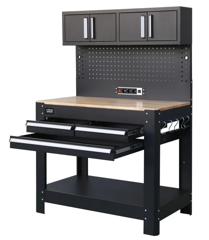 Banc de lucru cu 3 sertare, panou spate si priza integrata - HBM [2]