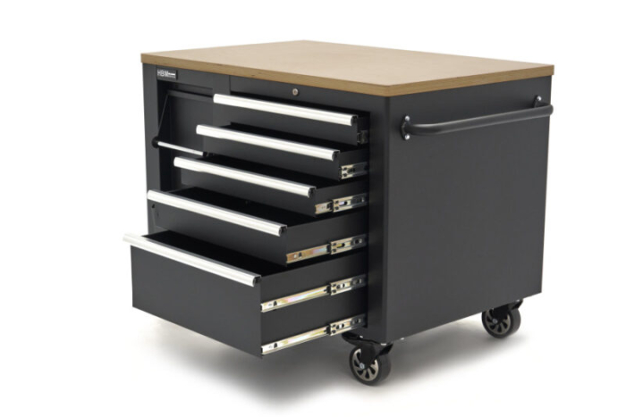 Dulap de scule mobil tipa carucior cu blat de lucru din lemn 114 cm, 5 sertare si 1 usa dubla - HBM [9]