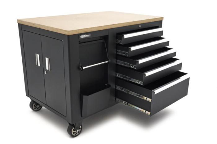 Dulap de scule mobil tipa carucior cu blat de lucru din lemn 114 cm, 5 sertare si 1 usa dubla - HBM [3]