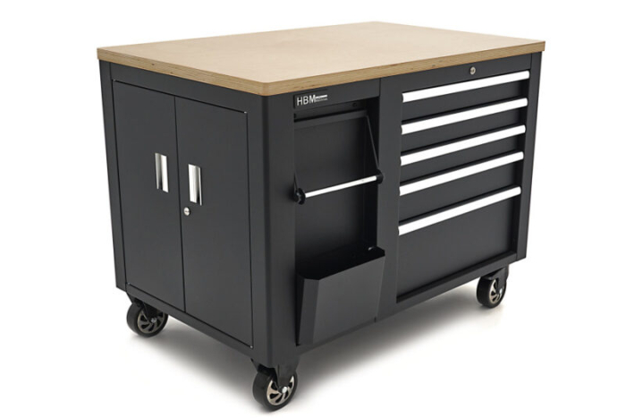 Dulap de scule mobil tipa carucior cu blat de lucru din lemn 114 cm, 5 sertare si 1 usa dubla - HBM [2]