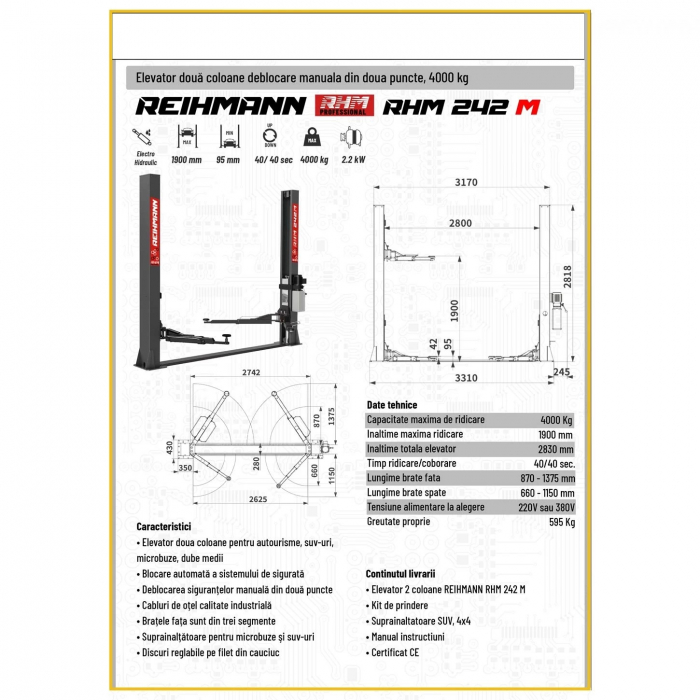 Elevator 2 coloane 4T blocaj manual, la 220V sau 380V [2]