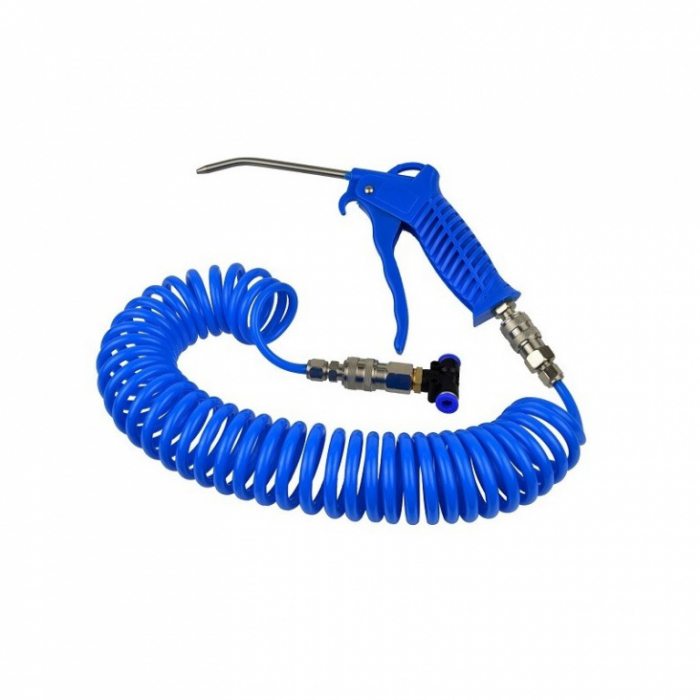Set pistol de suflat aer, furtun spirala de 5 m cu cuple rapide si T de conectare pentru camioane. [1]