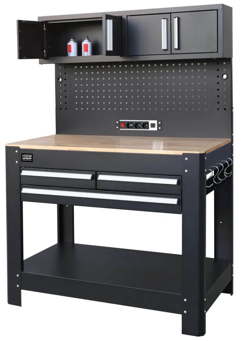 Produse - Banc de lucru cu 3 sertare, panou spate si priza integrata - HBM