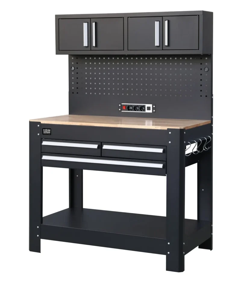 Banc de lucru cu 3 sertare, panou spate si priza integrata - HBM [3]