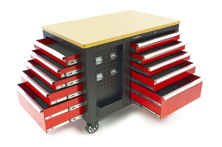 Banc de lucru mobil cu blat din lemn 10 sertare, rosu cu negru - HBM
