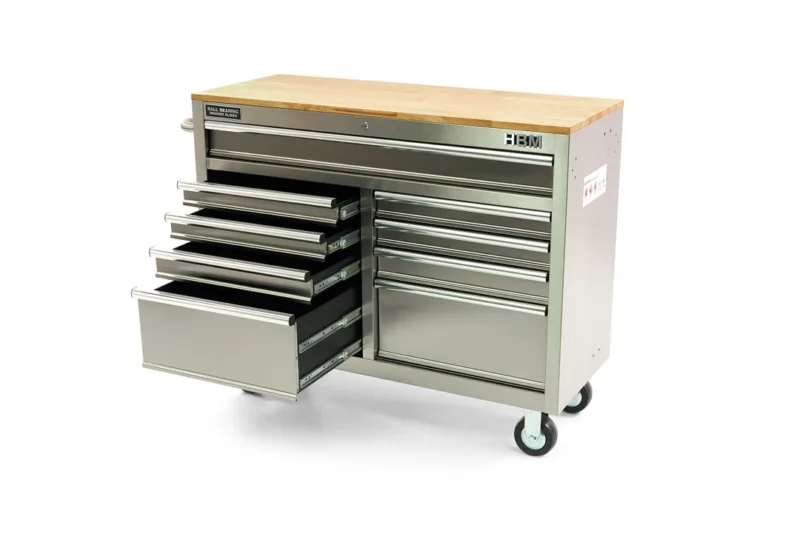 Produse - Banc de lucru mobil tip carucior din otel inoxidabil 117 cm cu blat de lucru din lemn - HBM