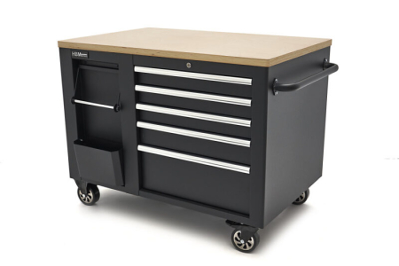 Dulap de scule mobil tipa carucior cu blat de lucru din lemn 114 cm, 5 sertare si 1 usa dubla - HBM