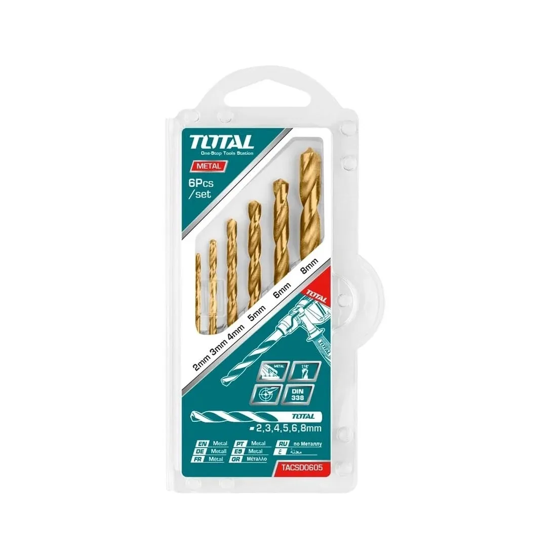 Set burghiu pentru metal Total TACSD0801 - HSS: 6 buc, diametru 2, 3, 4, 5, 6, 8 mm, burghiu spiral pentru metal, tabla compatibil cu bormasina, autofiletanta, masina de gaurit