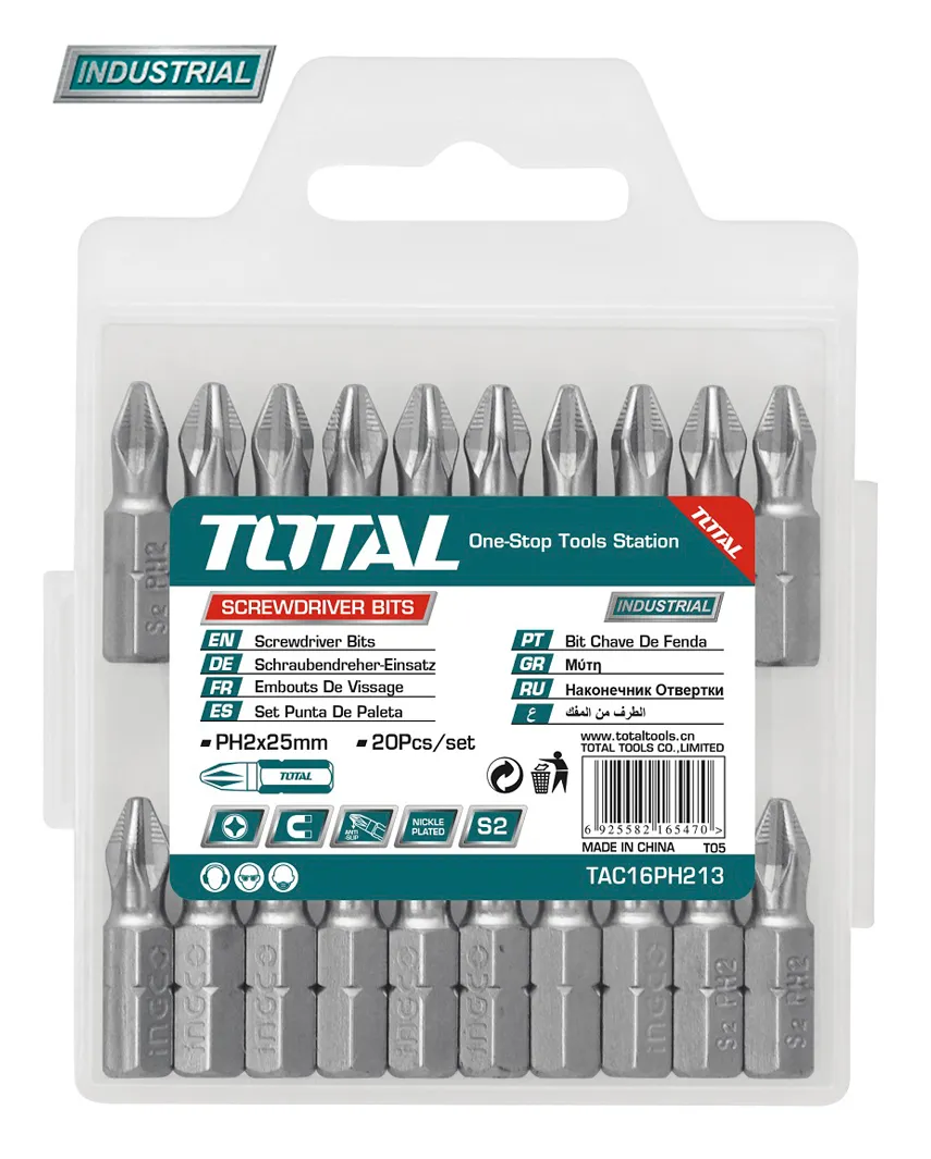 Set bit 20 buc Total TAC16PH213 Industrial - PH2, 25mm capete pentru surubelnita stea, bit PH2 pentru masina de insurubat, BITI PH2 profesionali, oferta de pret ieftin