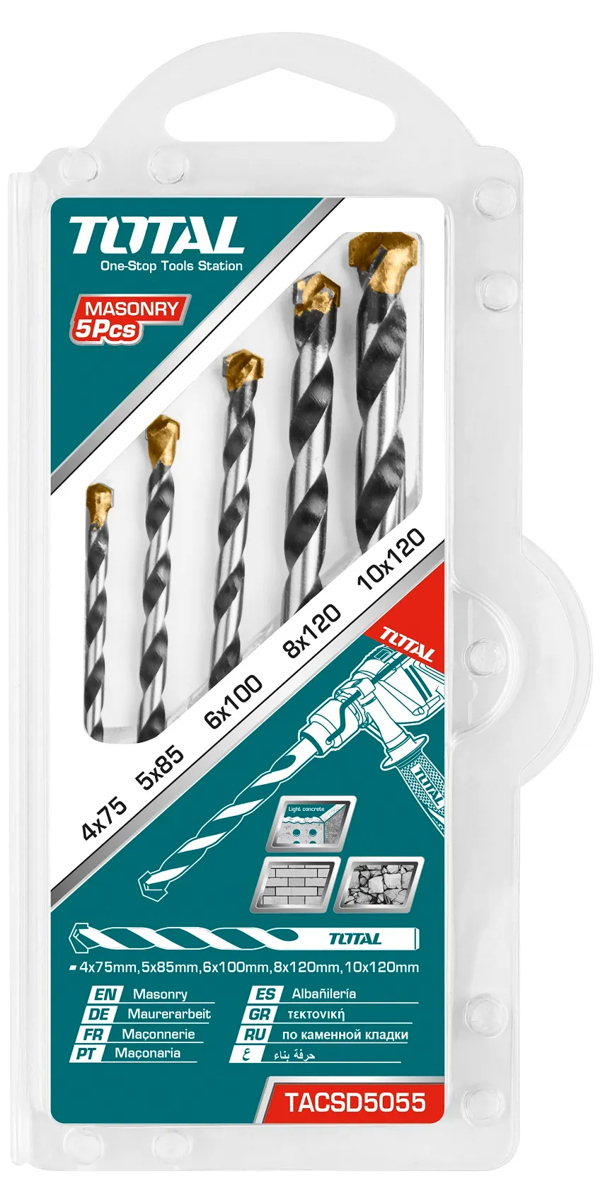 Set burghie pentru beton Total TACSD5055 - 5 buc, set de burghie cu cap vidia pentru gaurit beton cu diametru de 4, 5, 6, 8, 10 mm, compatibil cu bormasina sau autofiletanta