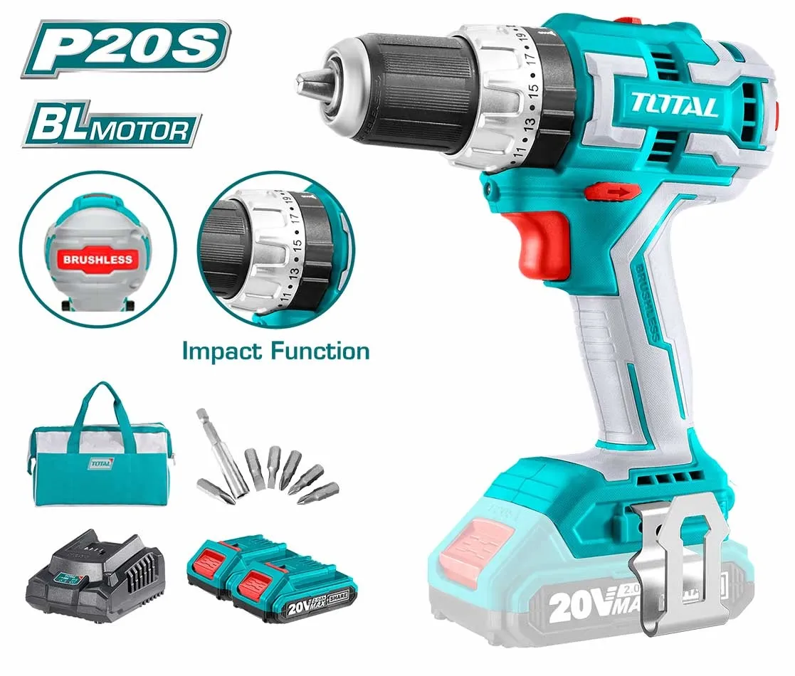 Scule cu Acumulator - Masina de gaurit cu impact si acumulator TOTAL - 20V, 2 acumulatori TIDLI20608