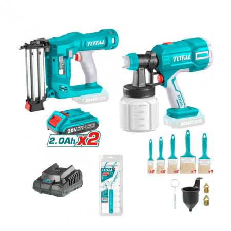 Seturi Scule si Unelte - Set TOTAL TOSLI23054E pistol vopsit, Pistol Cuie / Capsator, pensule, trafalet, incarcator si baterie 20V 2Ah