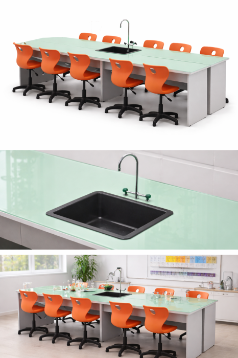 Masă laborator școlar pentru 8 utilizatori cu chiuvetă și scaune [2]