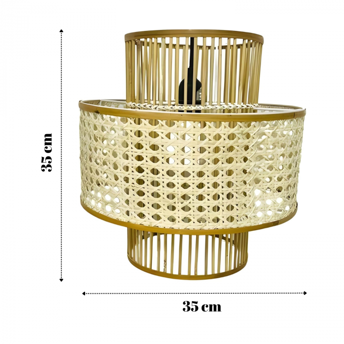 Abajur Ajiano din Ratan, din Bambus Natural, Design Handmade Boho, Forma Dubla de Toba, pentru Dormitor, Hol, Intrare si Bucatarie [6]