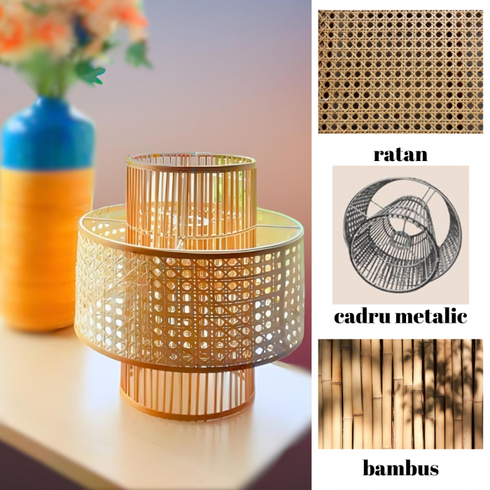 Abajur Ajiano din Ratan, din Bambus Natural, Design Handmade Boho, Forma Dubla de Toba, pentru Dormitor, Hol, Intrare si Bucatarie [7]