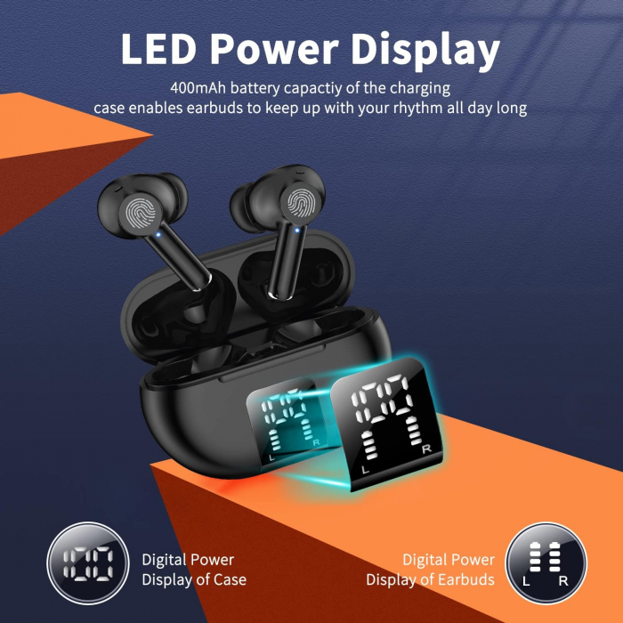 Casti Bluetooth fara fir, sunet stereo HiFi, tehnologie wireless, izolare de zgomot CVC 8.0, impermeabile IPX7, timp de redare de 30 de ore, afisaj LED digital, potrivite pentruplimbari sau sport, inc [2]