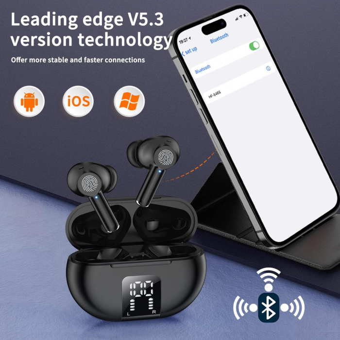 Casti Bluetooth fara fir, sunet stereo HiFi, tehnologie wireless, izolare de zgomot CVC 8.0, impermeabile IPX7, timp de redare de 30 de ore, afisaj LED digital, potrivite pentruplimbari sau sport, inc [4]