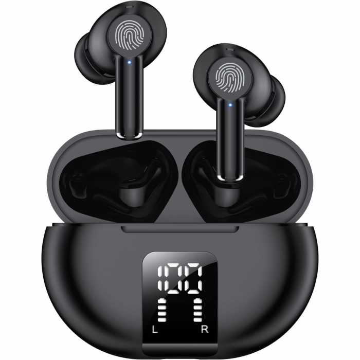 Casti Bluetooth fara fir, sunet stereo HiFi, tehnologie wireless, izolare de zgomot CVC 8.0, impermeabile IPX7, timp de redare de 30 de ore, afisaj LED digital, potrivite pentruplimbari sau sport, inc [1]