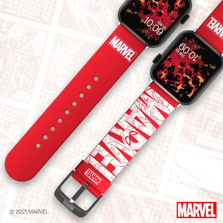 Curea pentru smartwatch editia Marvel, Bratara cu licenta oficiala, compatibila cu orice marime si serie Apple Watch (ceasul nu este inclus), sau Samsung si alte ceasuri inteligente cu un pin de 22 mm [4]
