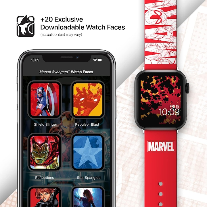 Curea pentru smartwatch editia Marvel, Bratara cu licenta oficiala, compatibila cu orice marime si serie Apple Watch (ceasul nu este inclus), sau Samsung si alte ceasuri inteligente cu un pin de 22 mm [6]