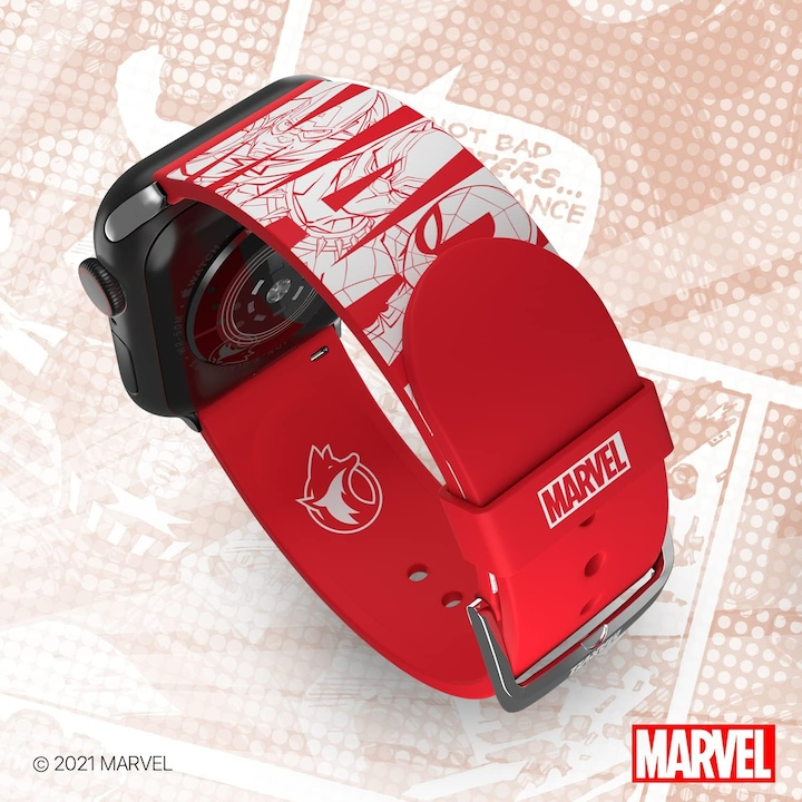 Curea pentru smartwatch editia Marvel, Bratara cu licenta oficiala, compatibila cu orice marime si serie Apple Watch (ceasul nu este inclus), sau Samsung si alte ceasuri inteligente cu un pin de 22 mm [7]