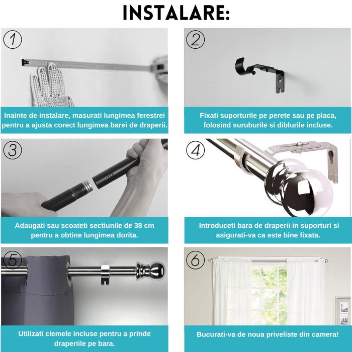 Galerie Metalica Extensibila pentru Perdele cu Inele, 76-110 cm, Bara de Perdele Neagra cu Finiale Rotunde si Suporturi Reglabile [5]