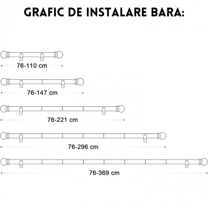 Galerie Metalica Extensibila pentru Perdele cu Inele, 76-110 cm, Bara de Perdele Neagra cu Finiale Rotunde si Suporturi Reglabile [9]