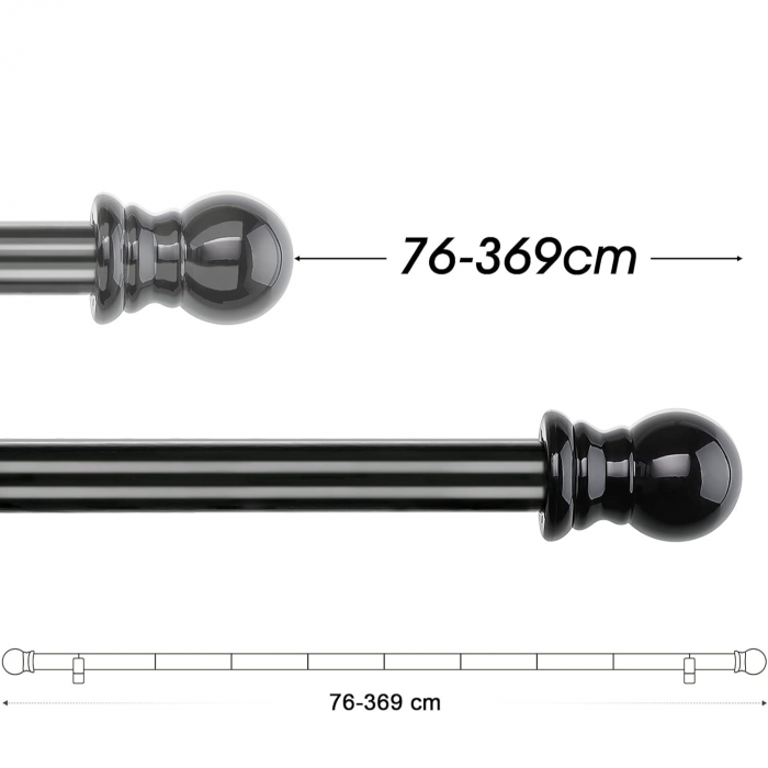 Galerie Metalica Extensibila pentru Perdele cu Inele, 76-110 cm, Bara de Perdele Neagra cu Finiale Rotunde si Suporturi Reglabile [6]