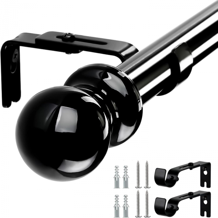 Galerie Metalica Extensibila pentru Perdele cu Inele, 76-110 cm, Bara de Perdele Neagra cu Finiale Rotunde si Suporturi Reglabile [1]